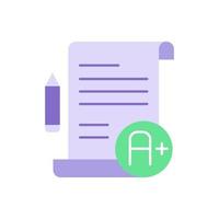 Good results on test paper vector flat color icon. Education achievement and studying. Skill development, learning course success. Cartoon style clip art for mobile app. Isolated RGB illustration