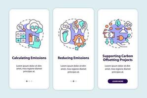 Carbon offsetting steps onboarding mobile app page screen with concepts. Emissions calculation walkthrough 3 steps graphic instructions. UI, UX, GUI vector template with linear color illustrations