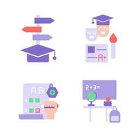 Skill improvement with education vector flat color icon set. Studying options. Learning opportunities. School course. Cartoon style clip art for mobile app pack. Isolated RGB illustration bundle