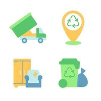 Reducing pollution vector flat color icon set. Waste management. Garbage disposal. Environmental protection. Cartoon style clip art for mobile app pack. Isolated RGB illustration bundle