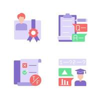 Studying vector flat color icon set. Education and learning. Graduation diploma. Skill evaluation, learning course. Cartoon style clip art for mobile app pack. Isolated RGB illustration bundle