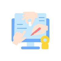 All hands meeting vector flat color icon. Online collaborative project. Work together in internet. Remote connection with colleague. Cartoon style clip art for mobile app. Isolated RGB illustration
