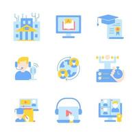 Distance studying vector flat color icon set. Remote teaching. Online education and tutorial on internet. Cartoon style clip art for mobile app pack. Isolated RGB illustration bundle