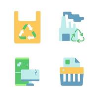 Recycling vector flat color icon set. Solid waste management. Garbage disposal. Environmental protection. Cartoon style clip art for mobile app pack. Isolated RGB illustration bundle