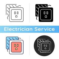 Loose outlet icon. Electricity flow disruption. Fire hazard. Faulty electrical outlet. Intermittent connection. Loose connecting wires. Linear black and RGB color styles. Isolated vector illustrations