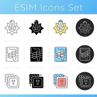 Electrician service icons set. Exploding light bulb. Loose outlet. Circuit breaker panel. Distribution board. Electricity disruption. Linear, black and RGB color styles. Isolated vector illustrations