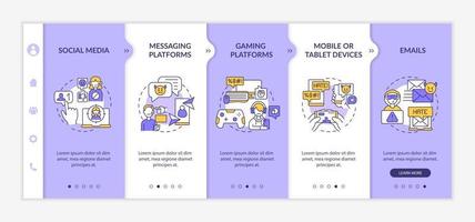 Cyberharassment channels onboarding vector template. Responsive mobile website with icons. Web page walkthrough 5 step screens. Messaging platforms, tablets color concept with linear illustrations