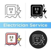 Power surge icon. Brief overvoltage spikes. Unexpected electricity flow interruption. Equipment damage. Electrical fire risk. Linear black and RGB color styles. Isolated vector illustrations