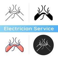 Damaged wire icon. Frayed, tattered cords. Sparks and overheating. Electrical hazard. Shock, electrocution. Loose connection. Linear black and RGB color styles. Isolated vector illustrations