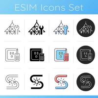 Electrician service icons set. Power line, outlet, wiring repair. Electrical plugs and sockets. Flickering lights, burns on wire. Linear, black and RGB color styles. Isolated vector illustrations