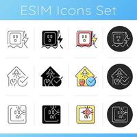 Electrician service icons set. Brief overvoltage spikes. Short circuit. Electrical safety inspection. Power surge. Crackling sounds. Linear, black and RGB color styles. Isolated vector illustrations