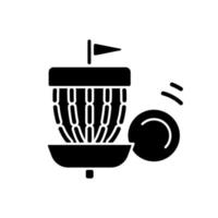 frisbee golf icono de glifo negro. lanzando un disco volador a la canasta. deporte de equipo competitivo sin contacto. actividad de campamento de verano. disco de golf. símbolo de silueta en el espacio en blanco. vector ilustración aislada