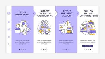 Cyberharassment prevention steps onboarding vector template. Responsive mobile website with icons. Web page walkthrough 4 step screens. Detecting online abuse color concept with linear illustrations