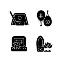 Summer camp activities black glyph icons set on white space. Street hockey. Racket sport. Beach soccer. Stand up paddle board yoga. Outdoor game. Silhouette symbols. Vector isolated illustration
