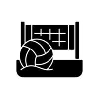 Beach volleyball black glyph icon. Team sport. Sand-based court divided by net. Outdoor playing conditions. Moving and jumping in sand. Silhouette symbol on white space. Vector isolated illustration
