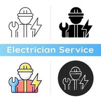 Electrician icon. Electrical wiring system installation and maintenance. Operating with electric devices. Fixing power systems. Linear black and RGB color styles. Isolated vector illustrations