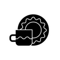 Cup and saucer set black glyph icon. Dinning accessories for tea party. Container for drinking hot liquids. Kitchen accessories. Silhouette symbol on white space. Vector isolated illustration