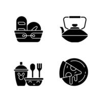 Kitcken dinnerware black glyph icons set on white space. Kitchen bread basket. Pizza plates for pizzerias. Safe kids dinnerware. Chinese iron teapot. Silhouette symbols. Vector isolated illustration