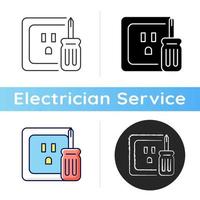 Outlet repair icon. Electrical plugs and sockets. Voltage testing. Devices connection. Damaged wires fixing. Fire hazard prevention. Linear black and RGB color styles. Isolated vector illustrations