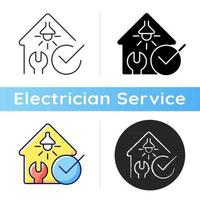 Electrical safety inspection icon. Examination for electrical wiring damage. Appliances checkup. Outlets, switches testing. Linear black and RGB color styles. Isolated vector illustrations