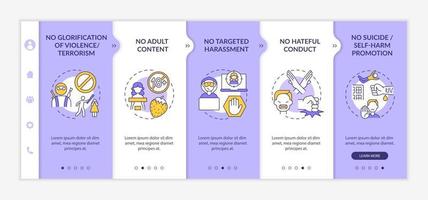 Social media conversation safety onboarding vector template. Responsive mobile website with icons. Web page walkthrough 5 step screens. No hateful conduct color concept with linear illustrations