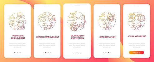 Carbon offset advantages onboarding mobile app page screen with concepts. Reforestation, wellbeing walkthrough 5 steps graphic instructions. UI, UX, GUI vector template with linear color illustrations
