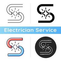 Short circuit icon. Voltage streaming excess. Appliance damage. Flickering lights, burns on wire. Excessive current flow. Linear black and RGB color styles. Isolated vector illustrations