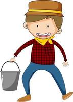 Hand drawn doodle of a boy cartoon character holding a water bucket vector