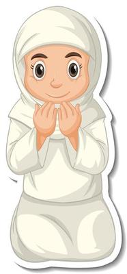 A sticker template with Muslim girl praying cartoon character