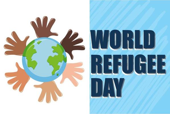 World Refugee Day banner with many hands around globe