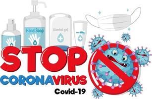 Detenga el diseño de fuentes de coronavirus con productos desinfectantes sobre fondo blanco. vector