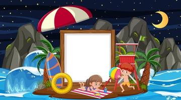 Niños de vacaciones en la escena nocturna de la playa con una plantilla de banner vacía vector