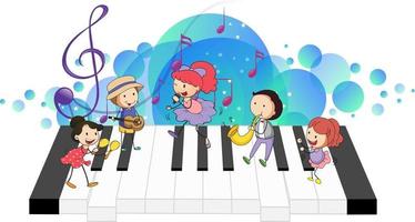 Electronic keyboard with many happy kids and melody symbols on blue splotch vector