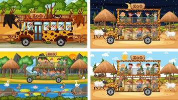 Set of different safari scenes with animals and kids cartoon character vector