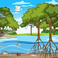 Mangrove forest scene at daytime with animals in underwater vector