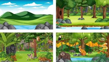 Conjunto de escena horizontal de bosque diferente con varios animales salvajes vector