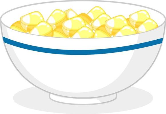 Yellow candies or gummies in a bowl isolated