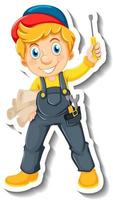 Sticker design with auto mechanic cartoon character vector