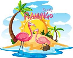 Two flamingos on the island isolated vector