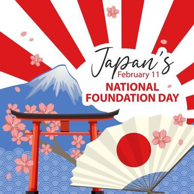 Japan's National Foundation Day banner with Mount Fuji and Torii gate