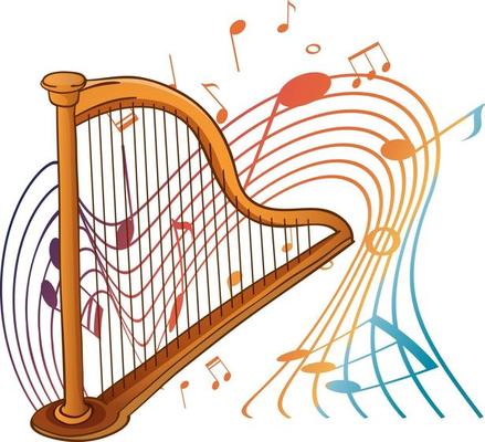 Harp musical instrument with melody symbols isolated