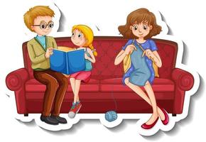 A sticker template with family members doing different activities on sofa vector