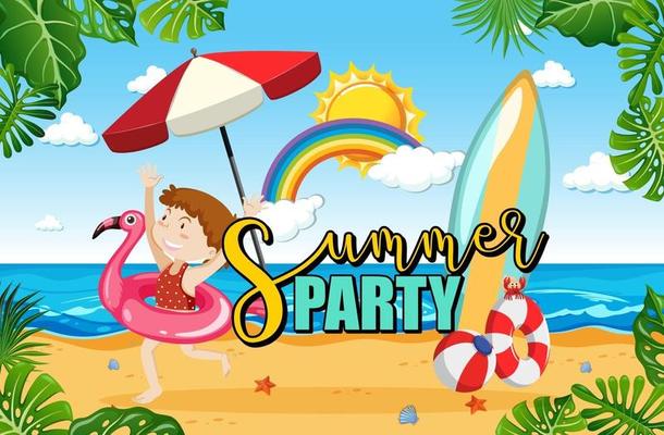 Tropical beach scene with Summer Party text banner