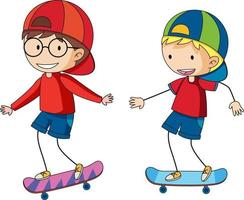 Two kids playing sketeboard cartoon character hand drawn doodle style isolated vector