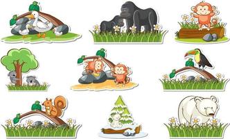 Sticker set with different wild animals and nature elements vector