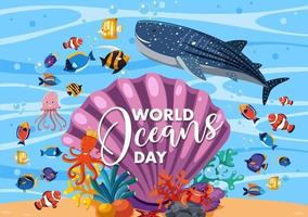 banner del día mundial del océano con diferentes animales marinos vector