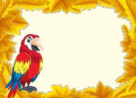 Plantilla de banner de hojas amarillas con personaje de dibujos animados de pájaro loro vector