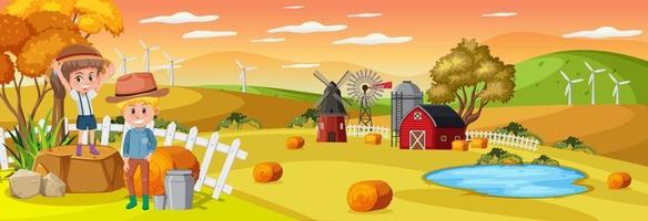 Escena de paisaje horizontal de granja con personaje de dibujos animados de niños vector