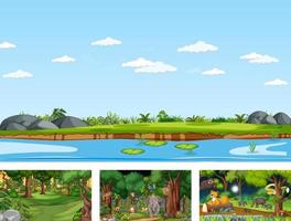 Set of different nature horizontal scene with various wild animals vector