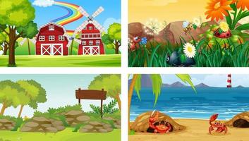 Four different scenes with various animals cartoon character vector